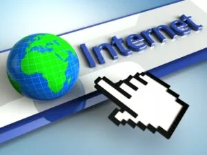 3D illustration of a hand cursor pointing to the global internet