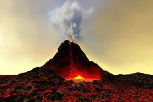 A volcano explodes with smoke and hot red flowing lava