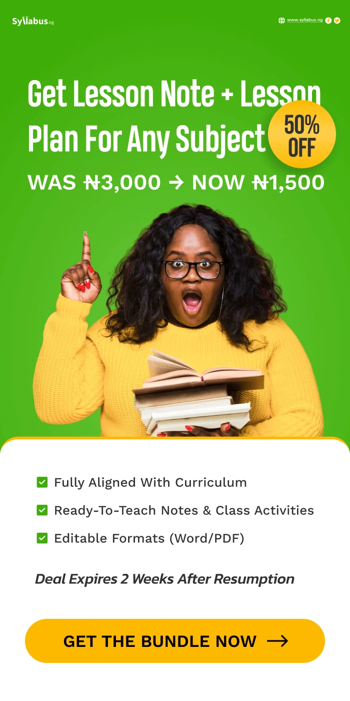 50% off: lesson notes and lesson plans for ₦1,500. Tap to order on WhatsApp.