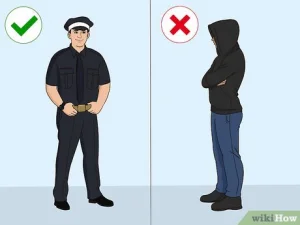 Police officer in uniform marked with a green tick, hooded person with folded arms marked with a red cross