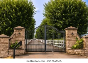 Closed black metal gate between two stone pillars, with hedges either side and a white fence beyond, showing a secured