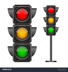 Traffic lights with red, amber and green lamps shown on two poles; red means stop, green means go carefully