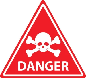 Red triangular DANGER sign with a white skull and crossbones, warning children to stay away