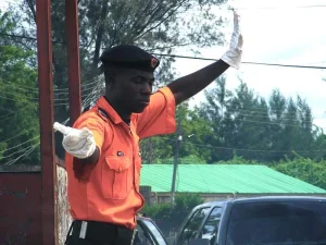 Traffic warden in an orange uniform, black beret and white gloves raising one arm to signal to drivers