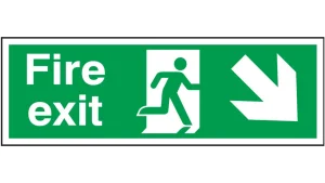 Green fire exit sign with a white running figure, a doorway and an arrow pointing down to the right
