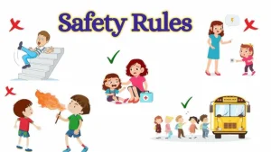 Safety Rules chart: crosses for falling on stairs and playing with fire, ticks for first aid and queuing for the bus