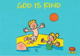Cartoon titled God Is Kind showing a boy jumping and a girl splashing in water under an orange sun