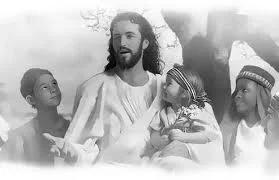 Black and white illustration of Jesus, with long hair and a beard, sitting among three smiling children