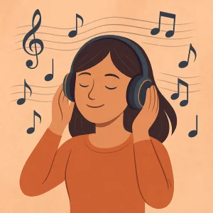 Illustration of a girl with closed eyes, wearing headphones and smiling, with music notes floating around her