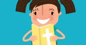 Smiling cartoon girl with pigtails holding an open Bible with a white cross on its cover