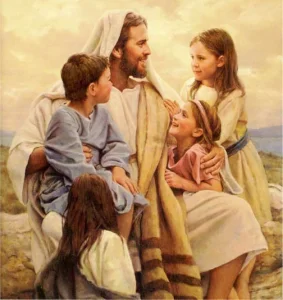 Painting of a bearded man in white robes sitting outdoors with four smiling children gathered closely around him