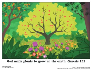 Illustration of a leafy tree, flowers and plants with the words God made plants to grow on the earth, Genesis 1:11