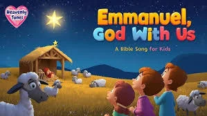 Cartoon nativity scene with a bright star over a stable, sheep and three children; title reads Emmanuel, God With Us, a