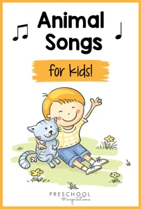 Cartoon of a smiling boy waving on grass with a grey cat in his arms, under the heading Animal Songs for kids
