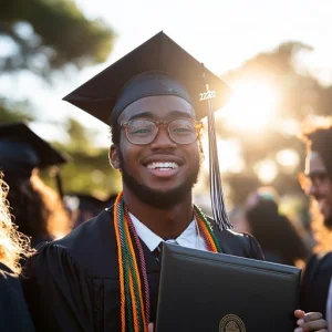 A smiling graduate in a black cap and gown with colourful cords holds a folder, with sunlight behind