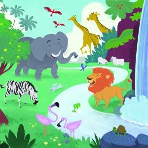 Cartoon of happy animals by a river and waterfall: elephant, lion, giraffes, zebra, flamingos, birds, sheep and a tortoise
