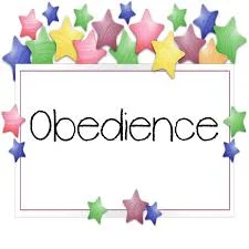 Card with the word Obedience in a white box, framed by colourful stars, introducing the topic