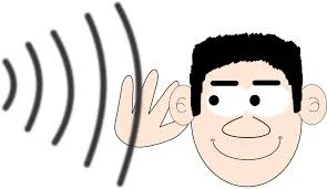 Smiling cartoon boy cupping his hand behind his ear to listen, with curved sound waves coming towards him