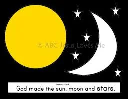 Yellow sun, white crescent moon and stars on black, with the words God made the sun, moon and stars