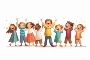 Illustration of seven happy children standing together with their arms raised, cheering and celebrating