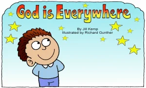 Cover of God is Everywhere by Jill Kemp, with a cartoon boy looking up at yellow stars