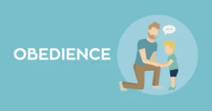 Illustration of a bearded man kneeling to talk with a young boy, beside the word OBEDIENCE on a blue background