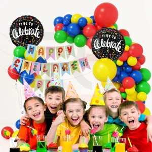 Group of excited children in party hats at a table with balloons and Time to Celebrate signs, showing art used for