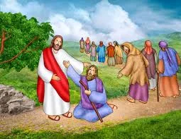 Cartoon of Jesus in a white robe and red sash touching a kneeling man with a staff, as a group looks on along a path