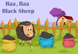 Cartoon black sheep by a fence with three bags of wool, under the title Baa, Baa Black Sheep