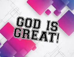 Bright poster reading God Is Great on pink and purple squares