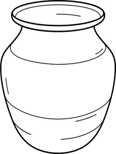 Black and white line drawing of a round clay pot with a wide rim and a band around the body