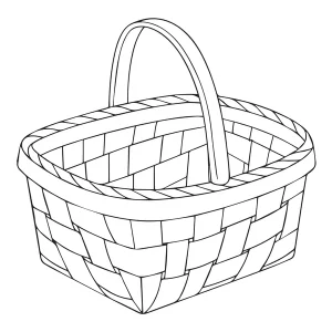 Line drawing of a rectangular basket with a curved handle and a criss-cross woven pattern