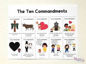 Printed sheet titled The Ten Commandments with ten numbered boxes, each with a cartoon drawing and a short rule