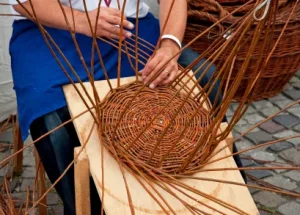 Person weaving a round basket base from long cane strands on a wooden board