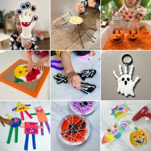 Collage of nine children's craft ideas, including paper plate spiders, pumpkin jars, bone shapes, a ghost keyring and paper