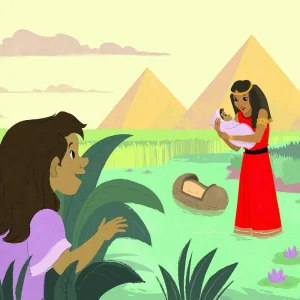Cartoon of a girl watching from reeds as a woman in red holds a baby near an empty basket, pyramids behind