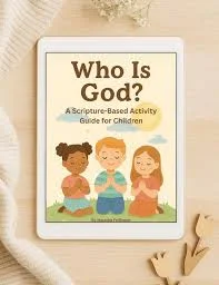 Tablet showing Who Is God? A Scripture-Based Activity Guide for Children, with three cartoon children praying