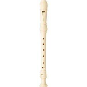 Cream-coloured recorder upright, showing the mouthpiece at the top, finger holes along the body and the end at the bottom