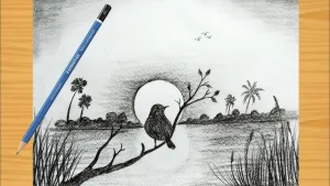 Pencil drawing of a bird on a branch in front of a large moon, with a lake, palm trees and grass, and a pencil beside it