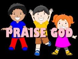 Cartoon of three smiling children with raised arms and the words PRAISE GOD across the front on a black background