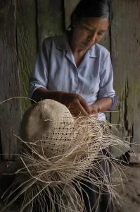 Woman weaving a straw hat, with loose straw ends hanging from the brim