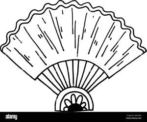 Line drawing of an open hand fan with a wavy top edge, ribbed sections and a small handle