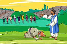 Cartoon of a man in a blue and white robe with open hands beside a man bowing to the ground, with people far behind