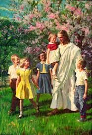 Painting of Jesus in a white robe walking on grass under blossoming trees with smiling children, one held in his arms