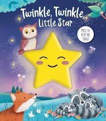 Twinkle Twinkle Little Star book cover with a smiling yellow star, an owl, a fox and sleeping raccoons at night